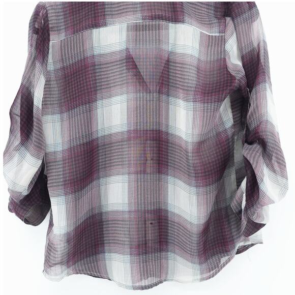 Band of Gypsies Boho Sheer Purple Plaid Tunic Blouse Roll Tab Sleeve Pocket M - Picture 8 of 10